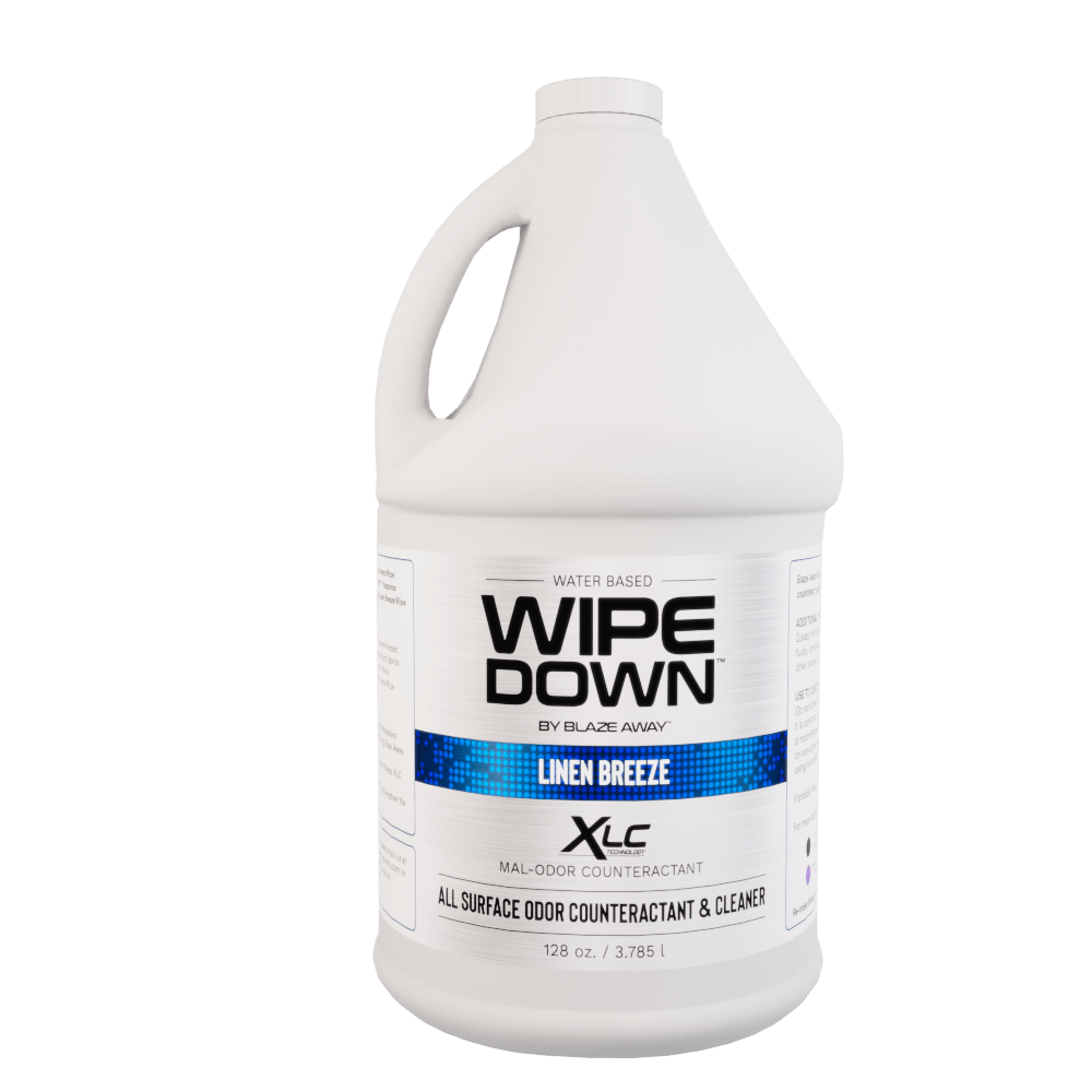 Wipe Down by Blaze Away gallon jug labeled Linen Breeze, an all-surface odor counteractant and cleaner designed for indoor odor control and freshness.