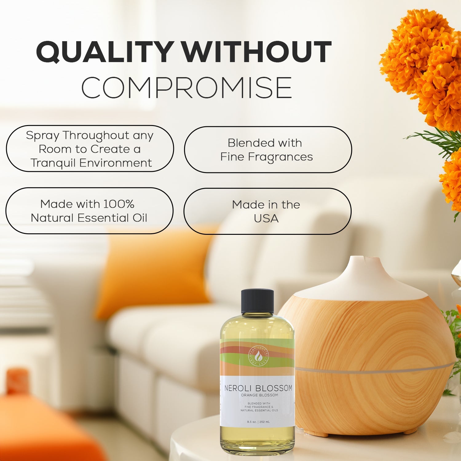 Neroli Blossom fragrance oil bottle beside a diffuser, surrounded by bright marigold blooms and warm orange accents, highlighting natural essential oil benefits.