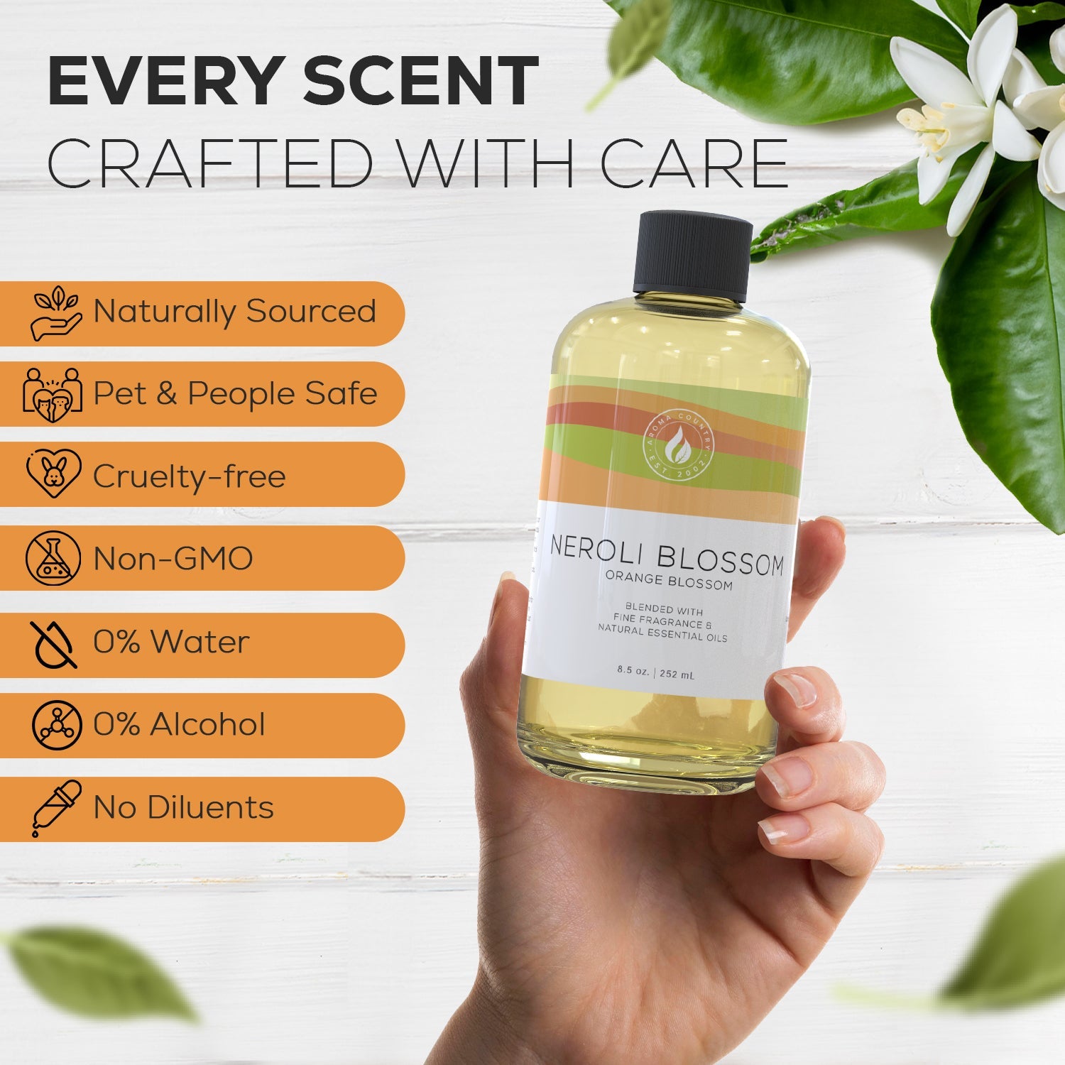 Neroli Blossom essential oil bottle held by hand with a benefits list highlighting its non-GMO, cruelty-free, alcohol-free, and natural sourcing features.