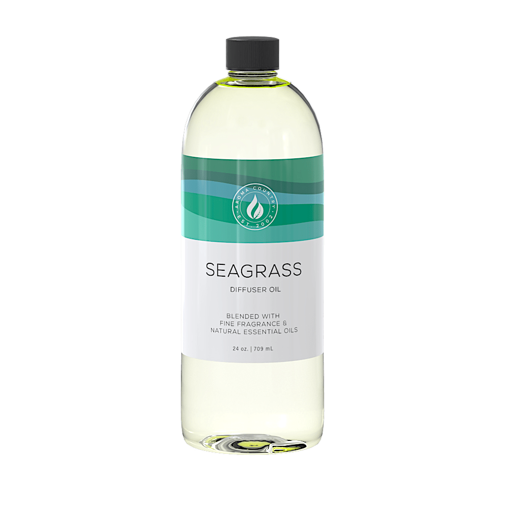 Seagrass diffuser oil 24 oz bottle featuring cool ocean-inspired green tones, crafted with natural essential oils for a crisp and refreshing aroma experience.