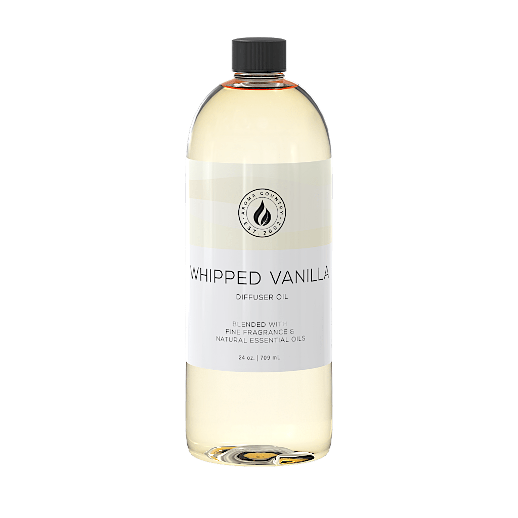Whipped Vanilla diffuser oil in a 24 oz bottle, featuring a soft cream-toned label design for a sweet and comforting home fragrance blend.
