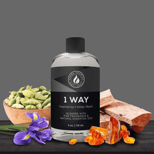 Aroma Country's 1 Way diffuser oil inspired by 1 Hotel Miami, surrounded by cardamom pods, iris flower, wood, and amber resin on a dark background.