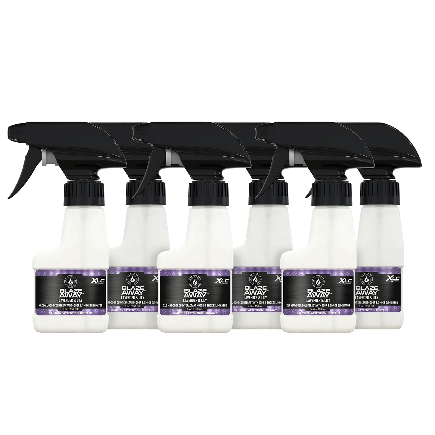 Blaze Away Lavender Lily six‑pack (5 oz) room sprays—smoke‑odor neutralizer set that refreshes interior air