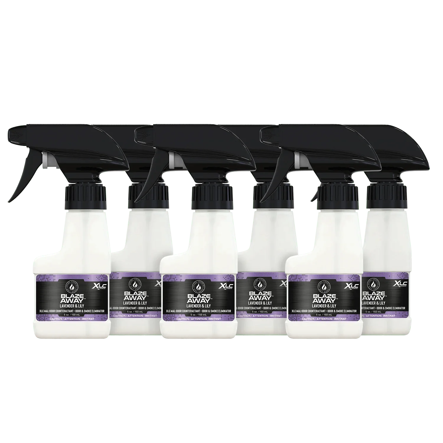 Blaze Away Lavender Lily six‑pack (5 oz) room sprays—smoke‑odor neutralizer set that refreshes interior air