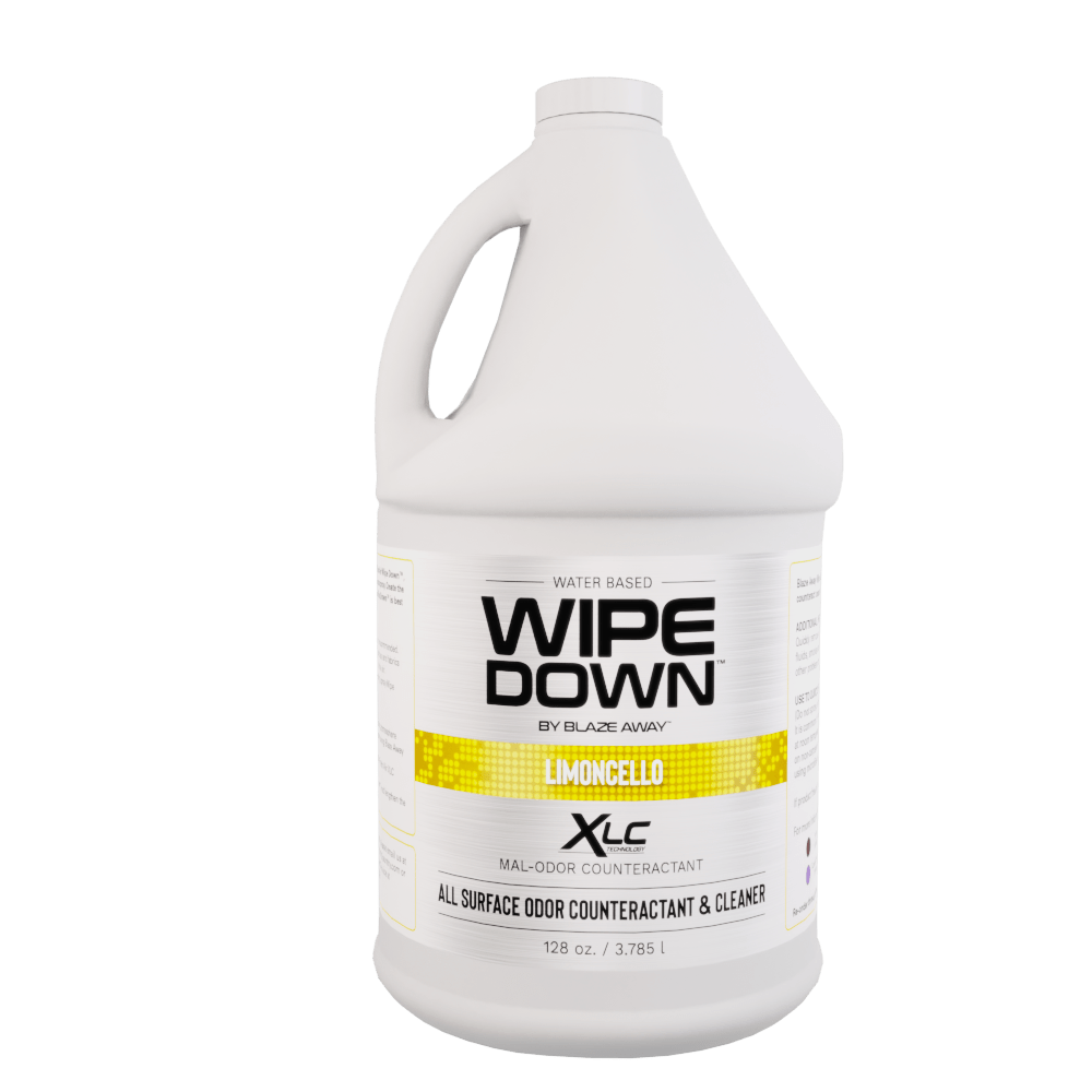 Wipe Down by Blaze Away Limoncello-scented cleaner in a 1-gallon jug, formulated as a water-based XLC mal-odor counteractant for surface and floor odor control.