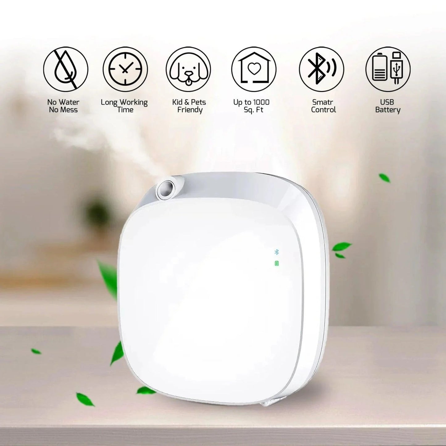 Aroma Country’s white cold-air diffuser displayed with icons showing benefits like no water use, smart control, USB charging, and pet-safe fragrance.