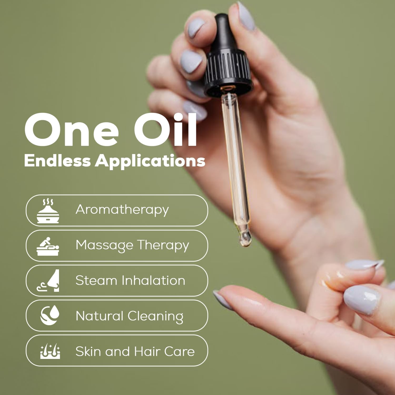 Eucalyptus Globulus pure essential oil graphic highlighting its versatile use in aromatherapy, massage therapy, steam inhalation, natural cleaning, and skin and hair care