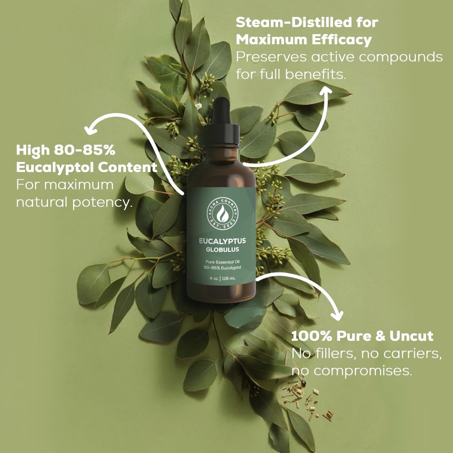 Eucalyptus Globulus pure essential oil 4 oz, steam distilled with high eucalyptol content for natural air purification and fresh, herbal home scenting
