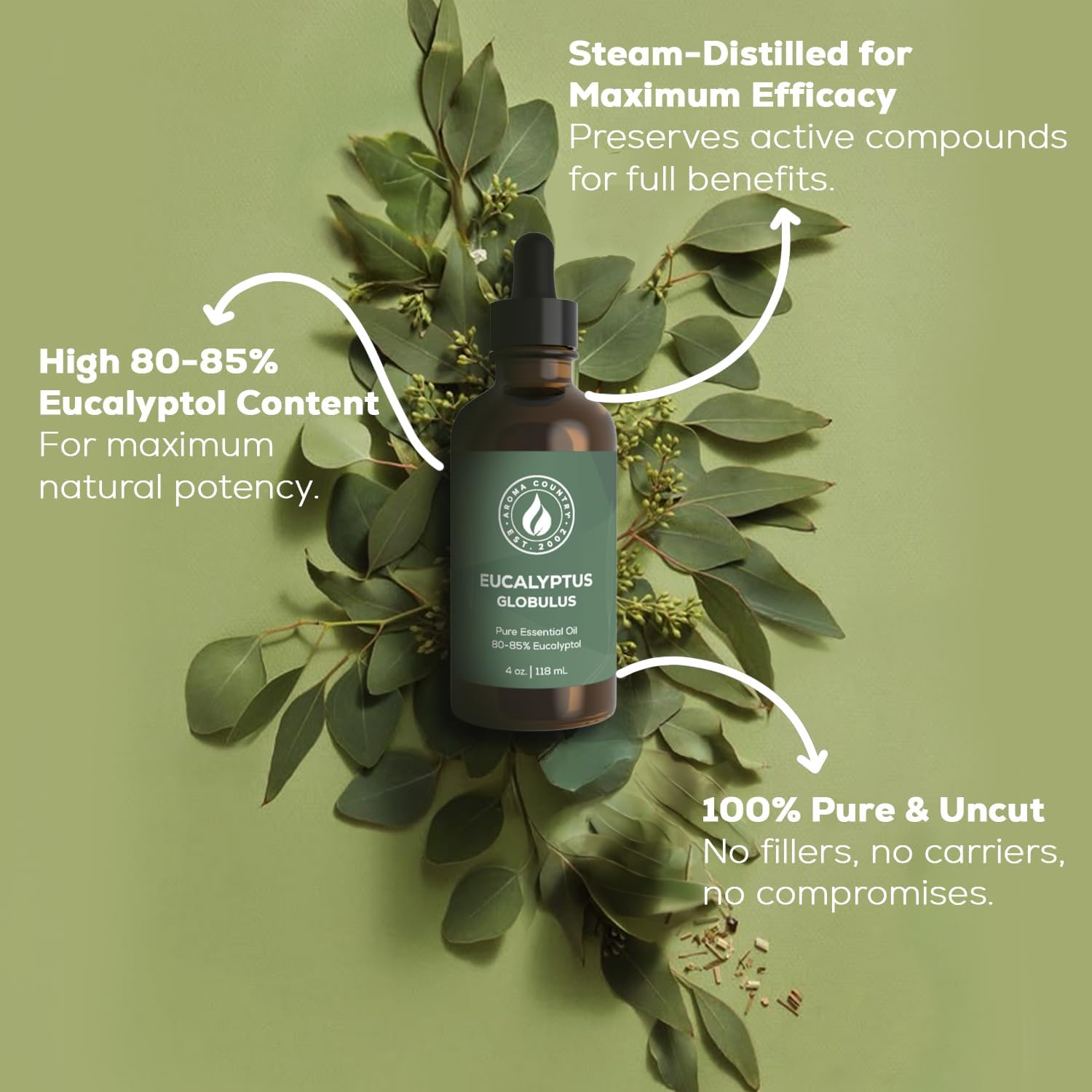Eucalyptus Globulus pure essential oil 4 oz, steam distilled with high eucalyptol content for natural air purification and fresh, herbal home scenting