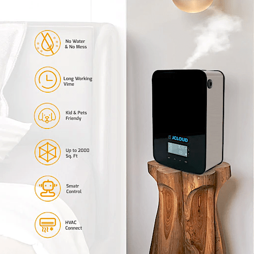 Wall-mounted Jcloud A311 cold-air scent diffuser on a wood stand, showcasing long-lasting coverage, HVAC compatibility, and smart control features.