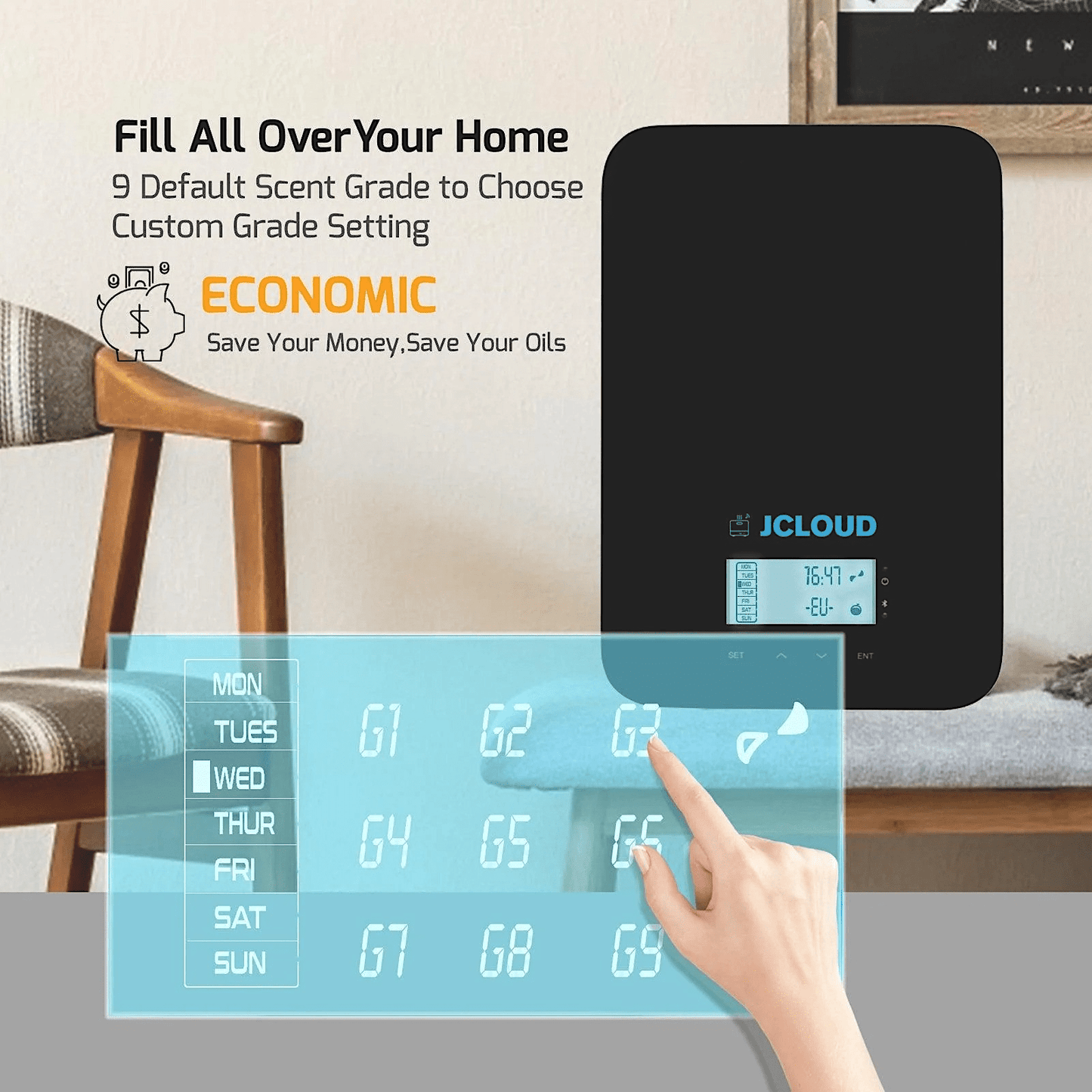 Smart scent diffuser from Jcloud with customizable grade settings and weekly scheduling, designed for efficient home fragrance coverage.