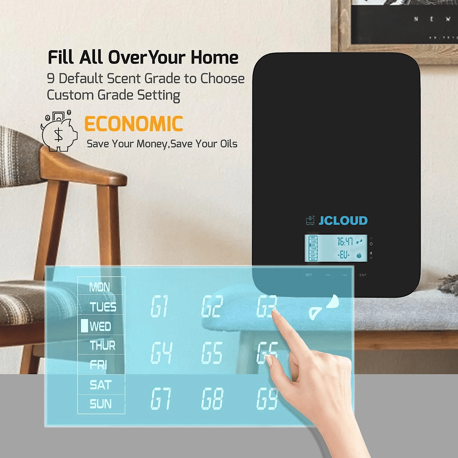 Smart scent diffuser from Jcloud with customizable grade settings and weekly scheduling, designed for efficient home fragrance coverage.