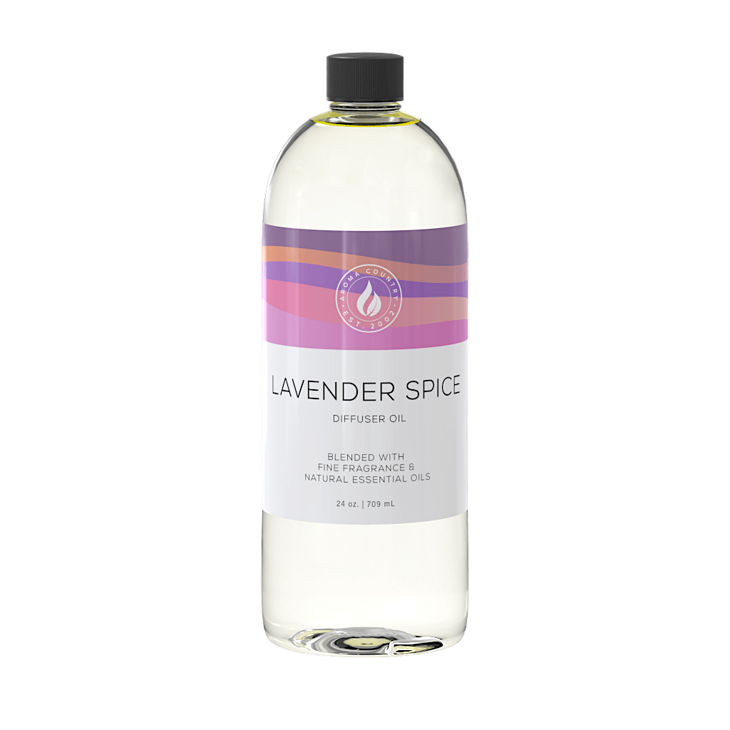 Lavender Spice diffuser oil in a 24 oz bottle, labeled with vibrant lavender, plum, and rose tones for a warm and aromatic presentation.