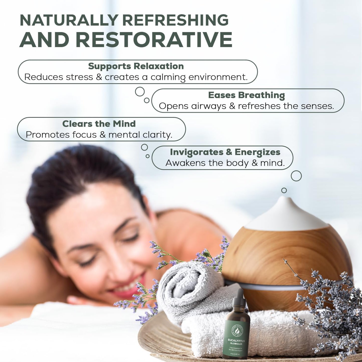Eucalyptus Globulus pure essential oil graphic highlighting its relaxing, clear, and invigorating properties with restorative benefits, rich in eucalyptol for natural scenting and energy support