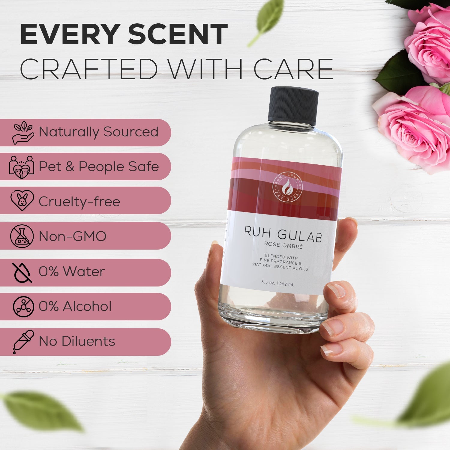 Naturally pure and consciously formulated, this Rose Ombré blend is alcohol-free, cruelty-free, and designed for elegant scenting without additives.