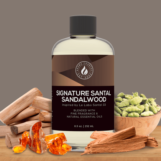 Signature Santal Sandalwood fragrance oil by Aroma Country, inspired by Le Labo Santal 33, blended with fine fragrance and natural essential oils featuring warm amber, cardamom, and sandalwood notes