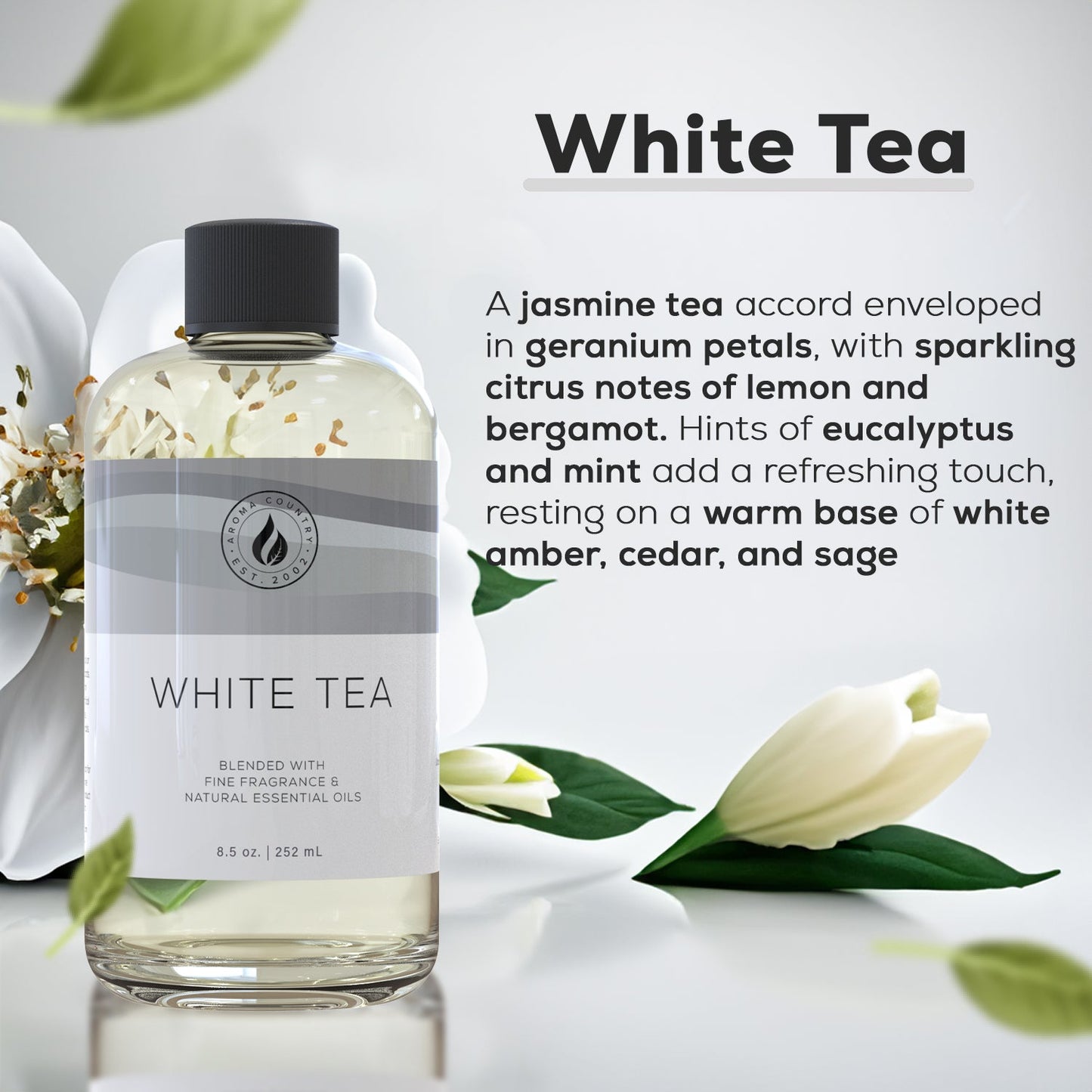 Aroma Country White Tea diffuser oil with floral and citrus scent notes displayed, highlighting jasmine tea, lemon, bergamot, mint, and warm wood base.