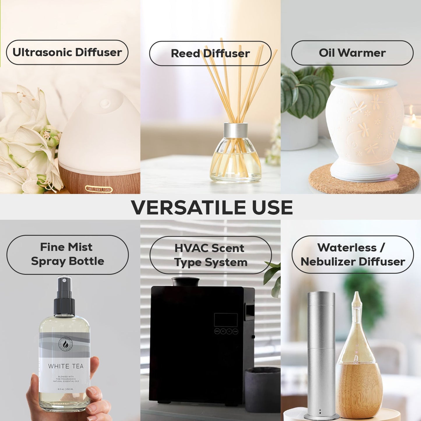 White Tea luxury diffuser oil displayed with compatible scenting systems including cold air diffuser, HVAC unit, reed diffuser, and fine mist sprayer.