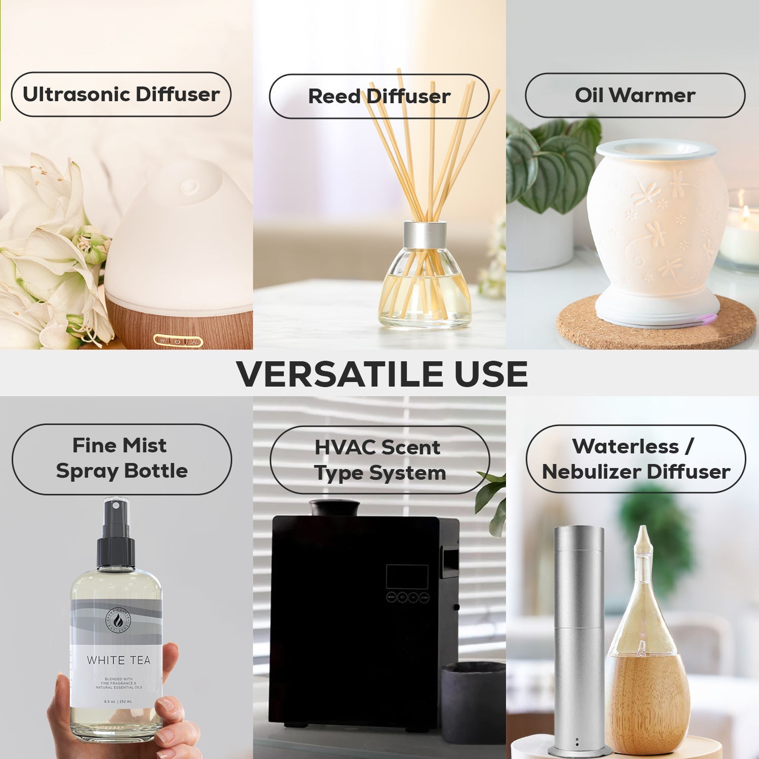 White Tea luxury diffuser oil displayed with compatible scenting systems including cold air diffuser, HVAC unit, reed diffuser, and fine mist sprayer.