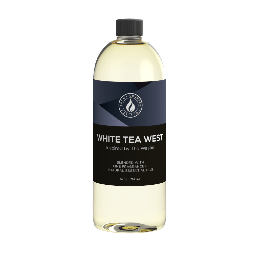 White Tea West 24 oz diffuser oil by Aroma Country, a crisp and uplifting home fragrance blend inspired by The Westin, featuring fine fragrance and natural essential oils