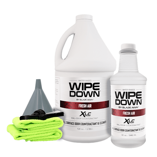 Fresh Air Wipe Down 1-gallon odor neutralizer kit with 32oz refill, funnel, microfiber towels, and sprayer for all-surface odor elimination.