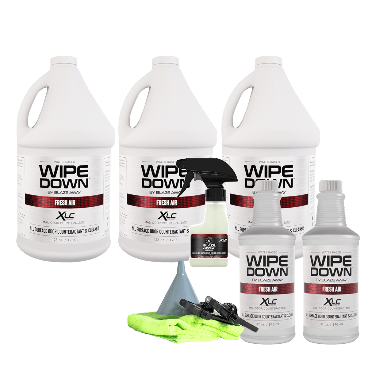 Complete Wipe Down Fresh Air kit by Blaze Away, featuring three 1-gallon jugs, two 32 oz bottles, a 16 oz trigger spray, funnel, microfiber cloth, and accessories for all-surface odor control.
