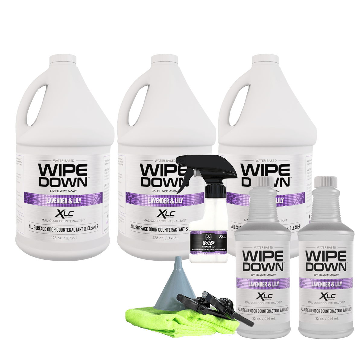 Wipe Down Lavender & Lily complete kit by Blaze Away, featuring three 1-gallon jugs, two 32 oz bottles, one spray bottle, funnel, microfiber cloth, and accessories for full-scale odor removal.