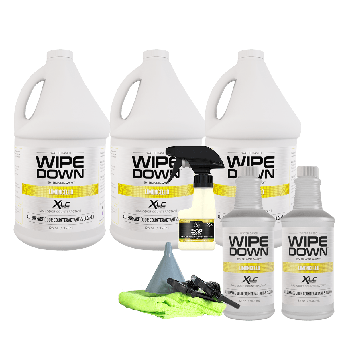 Wipe Down Limoncello scent odor control kit with three 1-gallon jugs, spray bottle, two 32 oz bottles, funnel, microfiber towel, and trigger sprayer for comprehensive cleaning and deodorizing.